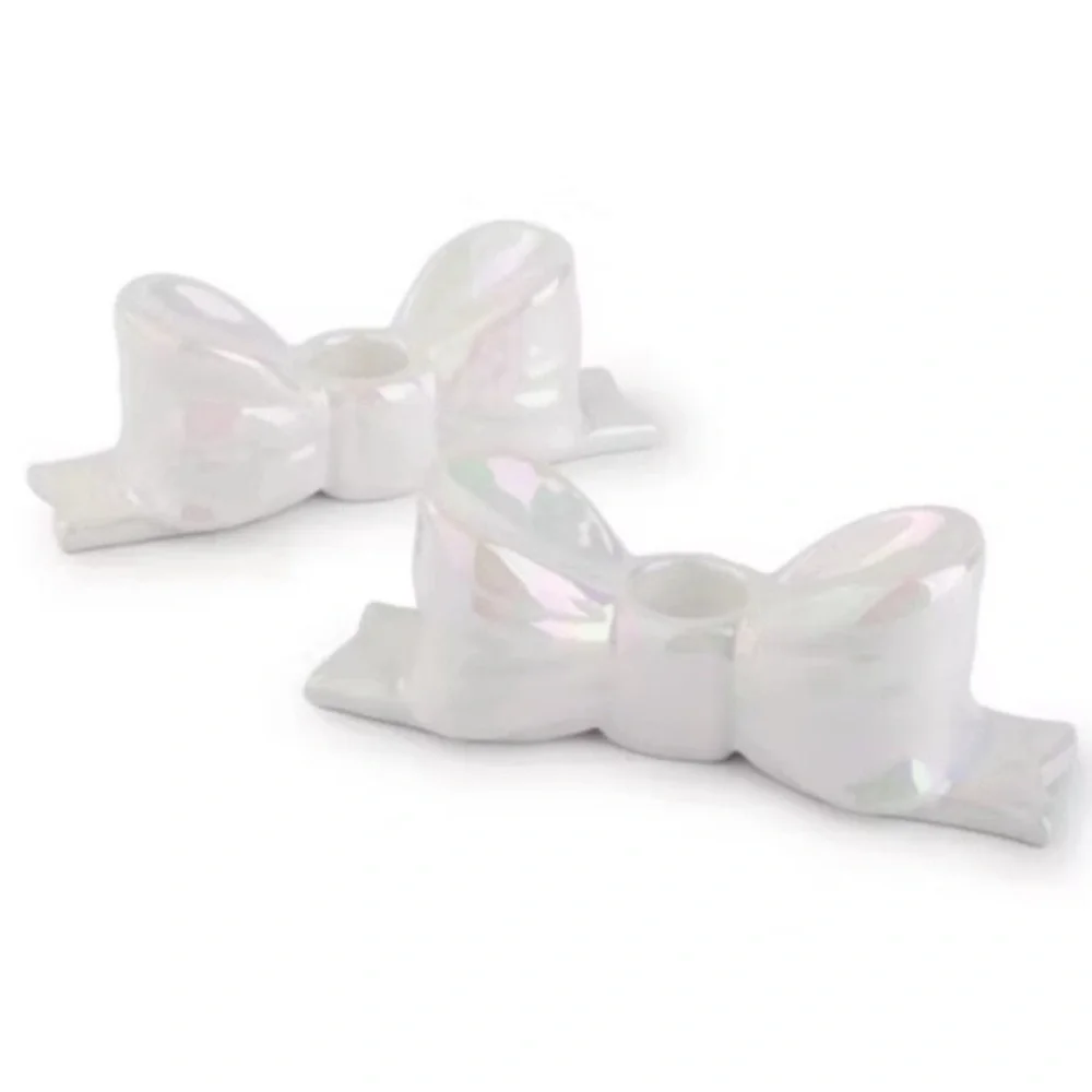 3 for $15 SALE Set of 2 Bow Candle Taper Holders, Ceramic White Iridescent